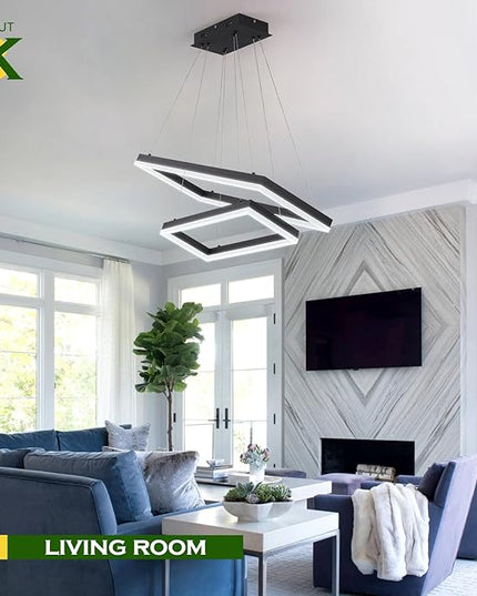 2 Rings Modern LED Chandelier Black 23.6inch Rectangle Dimmable LED Pendant Light with Remote Control 2 Tier Flush Mount High Ceiling Light for Dining Living Room Foyer(3000K-6500K, H59)
