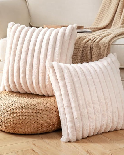 DEELAND Pack of 2,Double-Sided Faux Fur Plush Decorative Throw Pillow Covers Fuzzy Striped Soft Pillowcase Cushion Covers for Sofa Couch Bedroom Beige 24x24 inch