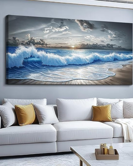 PHAOHUAXM Wall Decor For Living Room Wall Art For Bedroom Office Restaurant Decoration Black White And Blue Ocean Wave Landscape Painting Canvas Pictures Printing Artworks Modern Home Decor 20"X40"