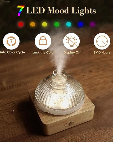 Glass Dome Essential Oil Diffuser with Glass Reservoir & Wood Base-No Plastic, 200ml Ultrasonic Diffuser for Aromatherapy with Timer 7 Color Light Auto-Off for Home Office Yoga Pilates