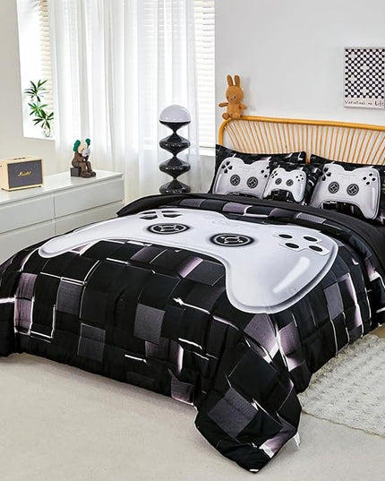 PERFEMET 6 Pcs Kids Bedding Sets for Boys Twin Size Black White Gamer Comforter with Sheet Set Soft Fluffy Gaming Bed Set Lightweight Comfy Game Bed in A Bag for All Season(White, Twin)