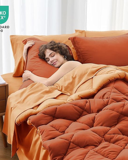 MUXHOMO 7 Pieces Queen Comforter Set, Reversible Bed in a Bag Queen Size, All Season Bedding Set with Comforter, Flat Sheet, Fitted Sheet, Pillowcases & Shams, Burnt Orange & Camel