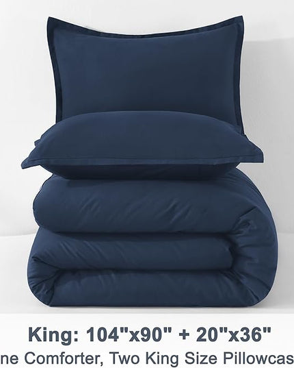 Litanika Navy Blue Comforter King Size, 3 Pieces Lightweight Solid Bedding Comforter Set, All Season Fluffy Bed Set (104x90In Comforter & 2 Pillowcases)