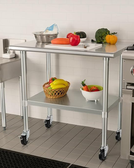 HARDURA Stainless Steel Table with Wheels 24 x 36 Inches Casters NSF Heavy Duty Commercial Work & Prep Table with Undershelf and Galvanized Legs for Restaurant Kitchen Bar and Hotel Garage