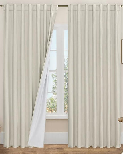 LAMIT Stone 100% Blackout Linen Curtains, 84 Inch Linen Textured Living Room Bedroom Drapes Room Darkening Back Tab and Rod Pocket Neutral Panels with White Liner, 2 Panels, 60 x 84 Inch