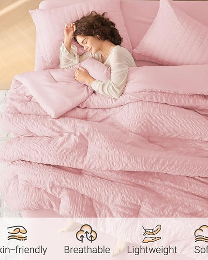 MUXHOMO 7 Pieces King Comforter Set, Seersucker Bed in a Bag King Size, All Season Luxury Bedding Set with Comforter, Flat Sheet, Fitted Sheet, Pillowcases & Shams, Pink
