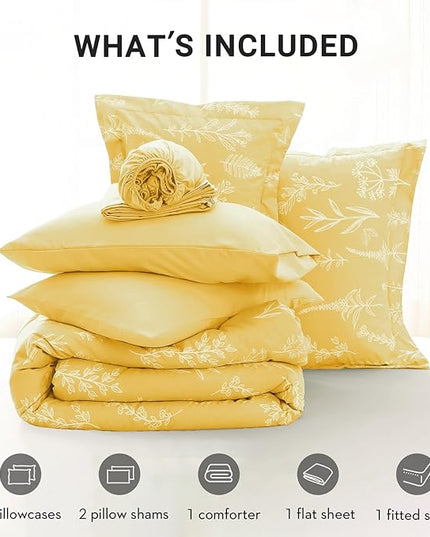 MUXHOMO Bright Yellow Bed in a Bag King 7 Pieces, King Comforter Set Reversible Botanical Flowers Design, Ultra Soft & Breathable Bedding Sets with Comforter, Sheets, Pillowcases & Shams