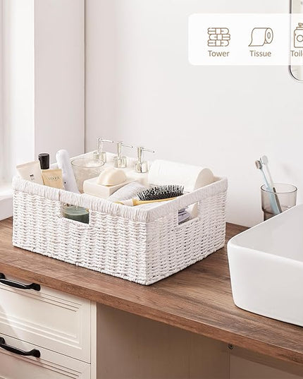 OIAHOMY Wicker Basket, Paper Shelf Basket with Built-in Handles, Rectangular Wicker Storage Bin for Pantry, Shelves, 1 Pack-White