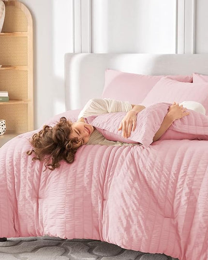 MUXHOMO 7 Pieces California King Comforter Set, Seersucker Bed in a Bag Cal King Size, All Season Luxury Bedding Set with Comforter, Flat Sheet, Fitted Sheet, Pillowcases & Shams, Pink