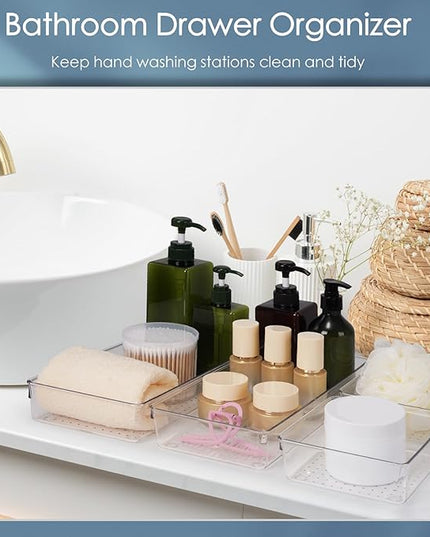 12 Pack Large Clear Plastic Drawer Organizer Set, Acrylic Bathroom Organizer Vanity Trays Dividers, Kitchen Organizers and Storage, Non-Slip Storage Bins for Makeup, Snacks, Office, Desk, Fridge