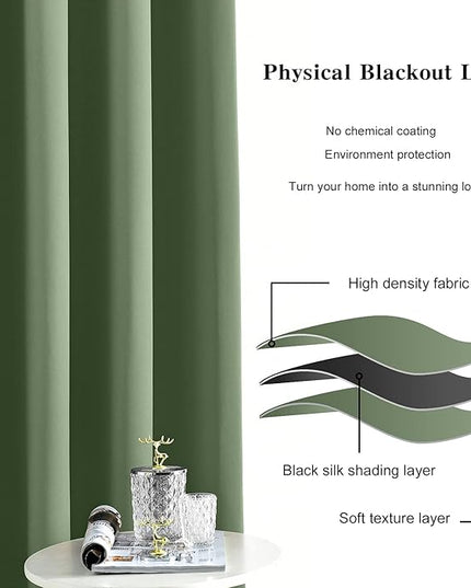 Blackout Curtains for Bedroom Thermal Insulated Light Blocking Room Darkening Curtains Solid Grommet Window Drapes for Living Room, Set of 2 Curtain Panels 52 W x 84 L inch Long Greyish Green