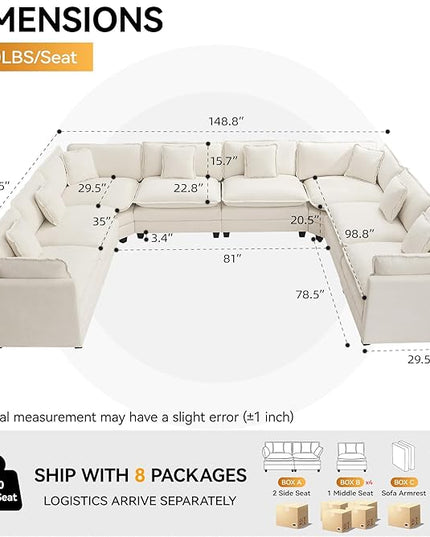 147'' Oversized U Shaped Cloud Sectional Sofa, Chenille Deep Seat Couches for Living Room, Comfy Upholstered Modular Sectional Sofa Couch, Beige