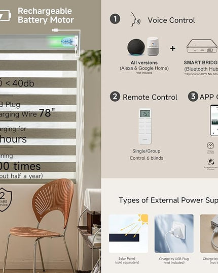Cordless Motorized Zebra Blinds for Windows Blackout with Remote, Custom Dual Layer Smart Zebra Shades Work with Alexa Google, Automatic Electric Light Filtering Roller Sheer Shades, Warm Grey
