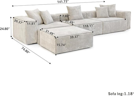 JACH Sectional Couch with 5 Pillows, Luxurious Modular Sectional Couch with Chaise Ottoman, Cushion Covers Removable, Corduroy Modern Soft Couches for Living Room, Office (Beige)