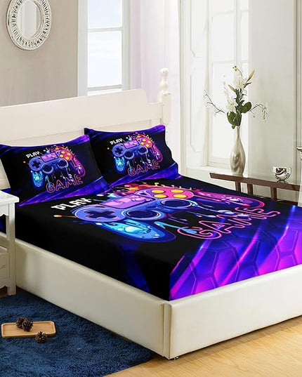 AILONEN Gamer Fitted Sheet Set Twin XL Size, Gaming Bed Sheet Set,Honeycomb Hexagon Games Sheets Set,Teen Boys Gamepad Bed Sheet Sets 3 Pieces, 1 Fitted Sheet and 2 Pillowcases