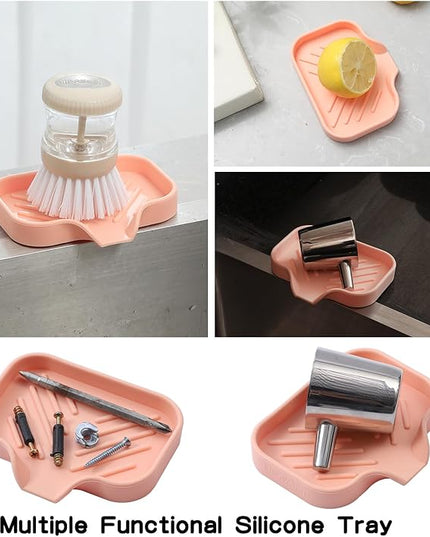 Silicone Bathroom Soap Dishes with Drain Spout-Bathroom and Kitchen Sink Organizer,Sponge Holder,Dish Soap Tray,Perfect for Dispenser,Scrubber,Bottle,Cup on Sink or Counter-Pink 4.9"×3.2"