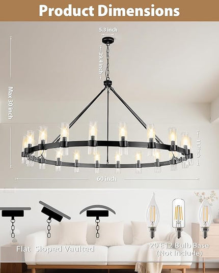 20-Light Large Black Wagon Wheel Chandelier with Glass Shades, 60 Inch Farmhouse Industrial Round Chandelier for High Ceilings, Pendant Lighting Fixture for Dining Living Room Kitchen Island Foyer