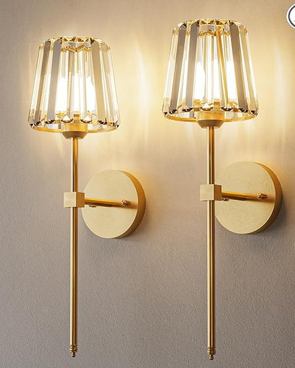 Crystal Battery Operated Wall Sconces Set of 2, Gold Rechargeable Wireless Wall Sconce Lights with Crystal Lampshade, 12 RGB and 3CCT Dimmable Wall Lamps with Remote for Bedroom Living Room Hallway