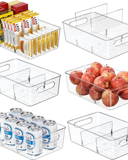 6 Pack Pantry Organizers and Storage,Clear Plastic Containers with 2 Dividers for Kitchen,Fridge Organization and Storage,Acrylic Bins for Pounches,Spice Packet,Snack organzier