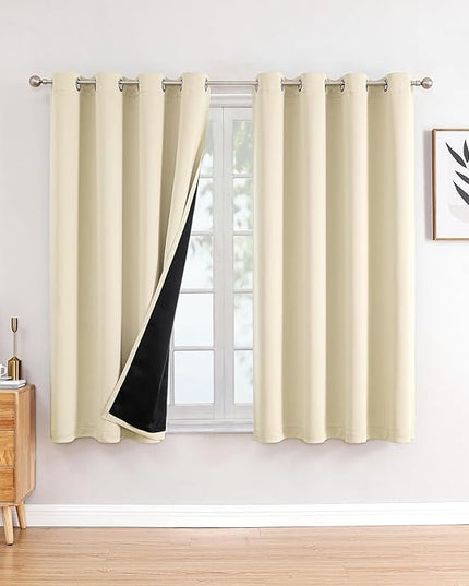 ChrisDowa 100% Blackout Curtains 63 inch Long for Bedroom with Black Liner, 2 Thick Layers Total Blackout Thermal Insulated Grommet Window Curtains 2 Panels Set (Light Beige, 52 x 63 Inch)