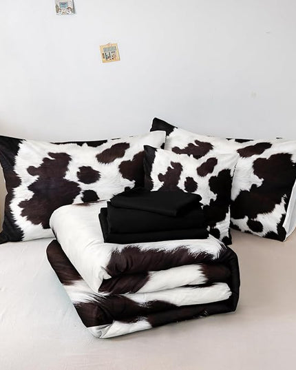 Bedbay Cow Print Comforter Set King Size Bed in a Bag Set Boys Girls Western Farmhouse Animal Print Bedding Set Black White Brown Cowhide Printed Rustic Bedding Comforter 8 Pieces (Cow Print,King)
