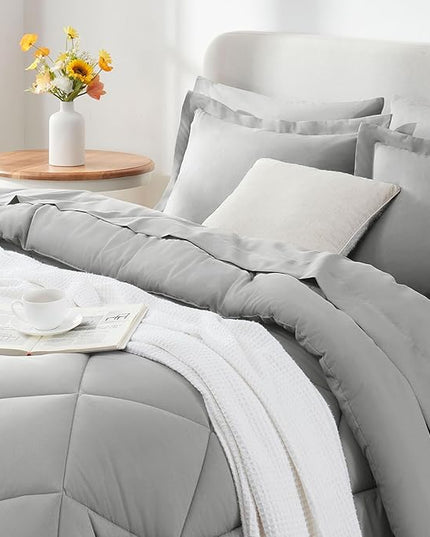 CozyLux Full Size Comforter Sets Light Grey - 7 Pieces Bed in a Bag Full, Luxury Soft Bed Set for All Seasons, Bedding Set with Down Alternative Comforter, Sheets, Pillowcases & Shams