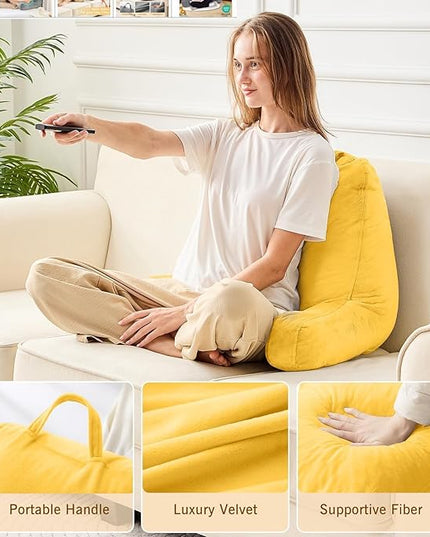 Sasttie Reading Pillow, Velvet Back Pillow for Bed Sitting Up, Adult Back-Rest Support Cushion with Arms for Sit Up on Couch, Sofa, and Floor, Dorm Essentials, Reading Accessories, Yellow