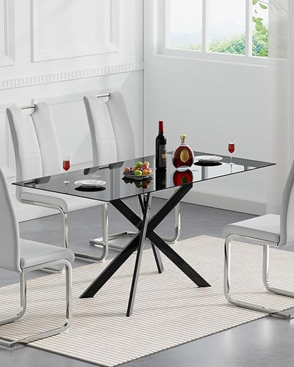 5 Piece Glass Dining Table Set, Glass Kitchen Dining Room Table Set for 4, Modern 51" Rectangular Black Glass Metal Dining Table with 4 Grey Leather Dining Chairs for Kitchen Dining Room
