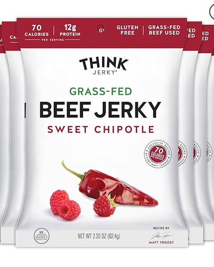 Think Jerky Sweet Chipotle Beef Jerky, Grass-Fed High Protein Beef Jerky, Gluten Free, No Antibiotics or Nitrates, Healthy Chef Crafted Recipe, Low Calorie and Low Fat - 2.2 oz Bags, 8 Pack
