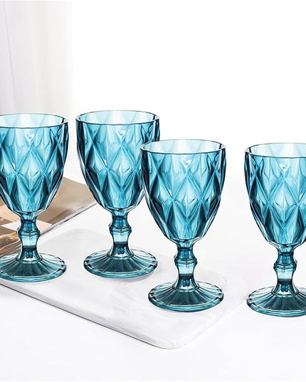 Vintage Wine Glasses Set of 4, Plastic Reusable 12 Ounce Colored Water Goblets, Unique Embossed Pattern Unbreakable Stemmed Wine Glasses, High Clear Wedding Party Bar Drinking Cups Blue Color