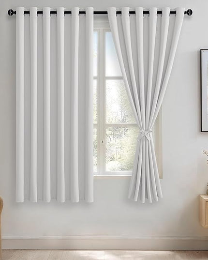 JIUZHEN Greyish White Blackout Curtains with Tiebacks Thermal Insulated, Light Blocking and Noise Reducing Grommet Curtains for and Living Room, Set of 2 Window Curtain Panels, 70 x 63 Inch Length
