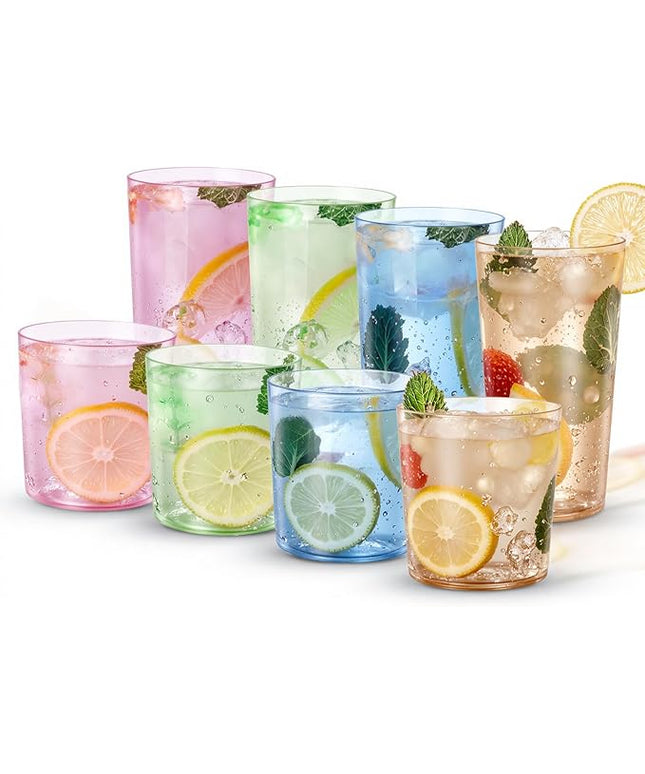 Liacere Colorful Drinking Glasses Set of 8-17oz Highball Plastic Glasses&14oz Cocktail Plastic Glasses Set, Kitchen Water Glasses Cup, Bar Tumbler Glassware Set for Beer,Juice,Cocktail,Whiskey,Milk