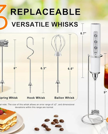 YUSWKO White Handheld Milk Frother Wand with Stand for Coffee, Rechargeable Electric Whisk with 3 Heads 3 Speeds Drink Mixer Coffee Frother For Latte, Cappuccino, Hot Chocolate, Egg
