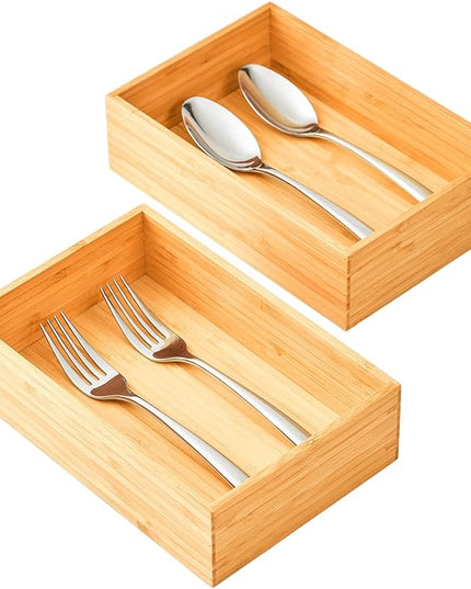 Umilife Bamboo Kitchen Drawer Organizer, Extra High Silverware Tray, Flatware Cutlery Storage Box, Multi-Use Holder in Office, Bathroom, Pantry - 9"x6"x2.5" (Set of 2)