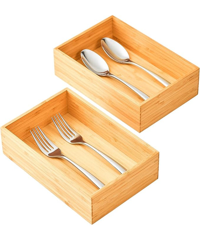 Umilife Bamboo Kitchen Drawer Organizer, Extra High Silverware Tray, Flatware Cutlery Storage Box, Multi-Use Holder in Office, Bathroom, Pantry - 9"x6"x2.5" (Set of 2)