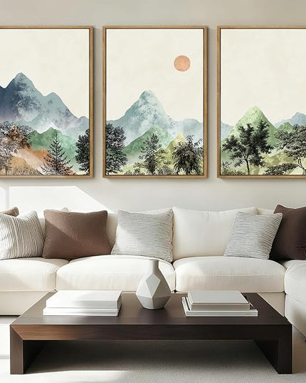 ANHUIB Mountain Wall Art 16x24 Inch Watercolor Landscape Wall Decor Sun Forest Painting Minimalist Pine Tree Artprint Nature Illustration Set of 3 for Living Room Dining Room Office