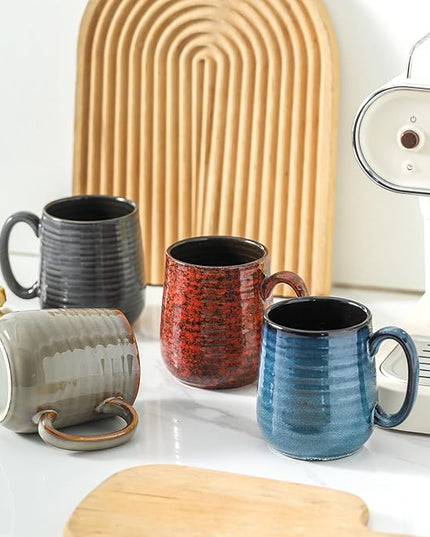 HASENSE Coffee Mugs Set of 4, 12 Oz Stoneware Coffee Cups with Large Handle, Colorful Rustic Mug Set for Coffee, Tea, Coco, Latte, Dishwasher and Microwave Safe