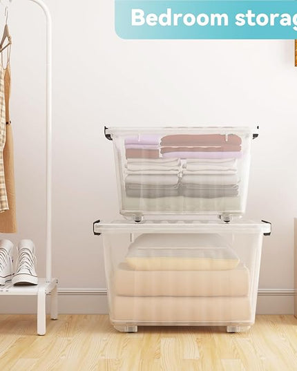 Nazhura 97 Quart Plastic Storage Bin, Stackable and Nestable Storage Boxes with Lids and Secure Latching Buckles, Large Storage Container (Clear, 97Quart-4Pack)