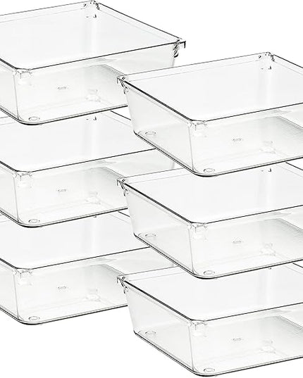 Ravinte 6 Pack Drawer Organizer - 6" X 6" Plastic Storage Bins, Acrylic Organizers with Non-Slip Pads Clear Desk Storage Tray for Makeup, Jewelries, Kitchen Utensils, Bathroom and Office