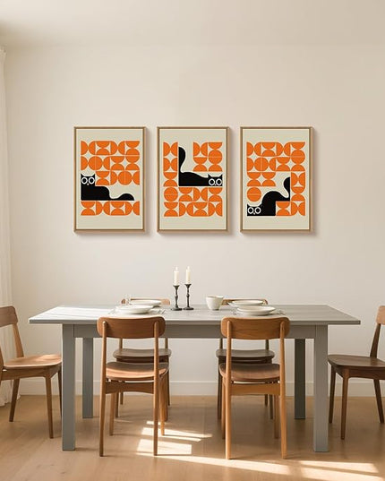 HOURIA Geometric Black Cat Framed Canvas Wall Art Set,Abstract Orange & Cream Wall Decor,Round Eyes Playful Kitten Wall Painting,Modern Animal Prints for Nursery,Living Room,Office - 24"x36"x3