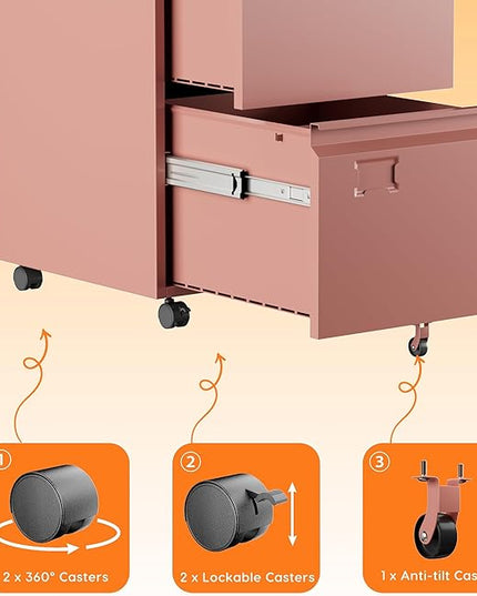 METAN 2 Drawer Vertical File Cabinet with Lock, Mobile Metal Filing Cabinet for Legal/Letter Size, Office Storage File Cabinet Under Desk with Card Holder,Assembly Required,Pink