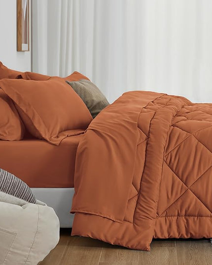 Love's cabin King Size Comforter Set Terracotta, 7 Pieces King Bed in a Bag, All Season Bedding Sets with 1 Comforter, 1 Flat Sheet, 1 Fitted Sheet, 2 Pillowcase and 2 Pillow Sham