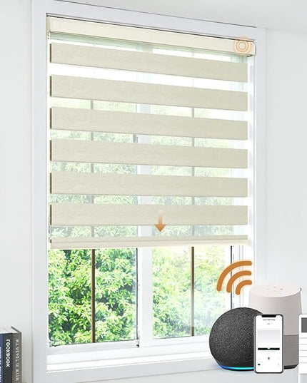 Cordless Motorized Zebra Blinds for Windows Blackout with Remote, Custom Dual Layer Smart Zebra Shades Work with Alexa Google, Automatic Electric Light Filtering Roller Sheer Shades, Beige