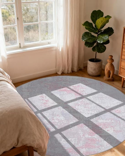 Modern Abstract 8x8 Round Area Rug Non Slip Non Shedding Rug Low Pile Stain Resistant for Bedroom Living Room Office Dining Room,Grey Pink