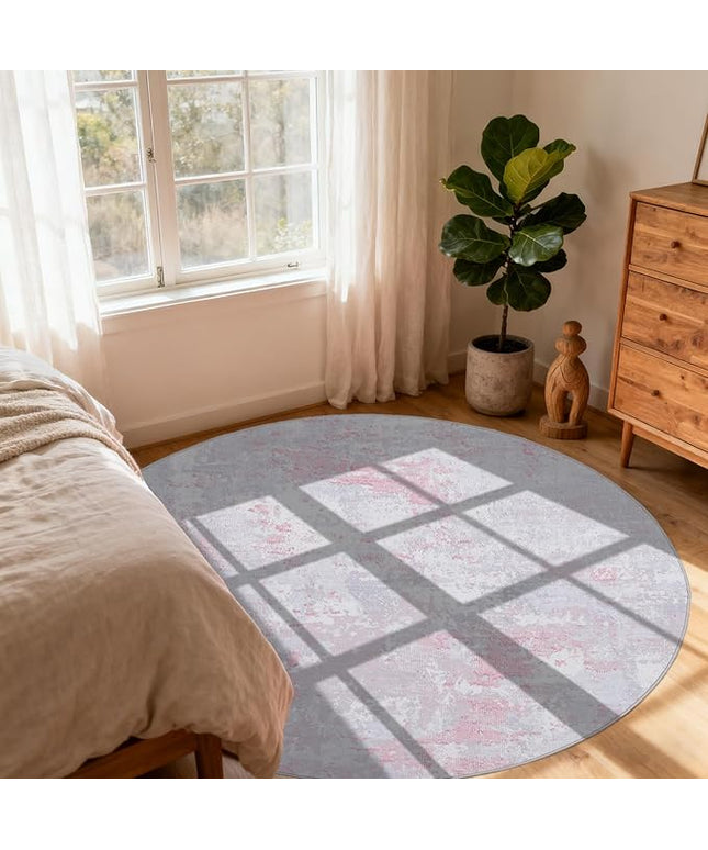 Modern Abstract 4x4 Round Area Rug Non Slip Non Shedding Rug Low Pile Stain Resistant for Bedroom Living Room Office Dining Room,Grey Pink