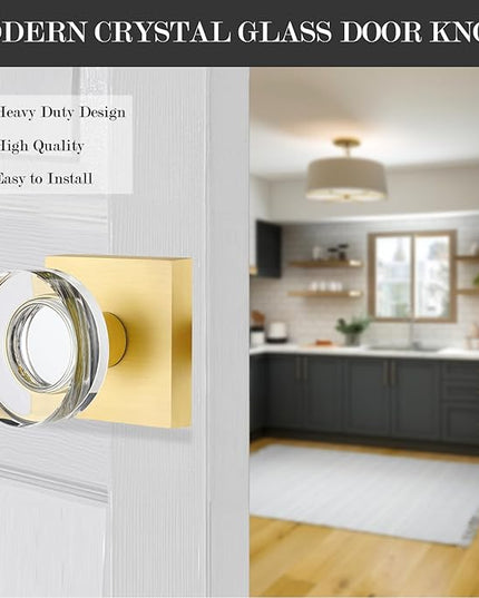 4 Pack Crystal Glass Dummy Door Knobs Interior, Brushed Gold Dummy Door Handles Interior for Closet and Bifold Doors, Satin Brass