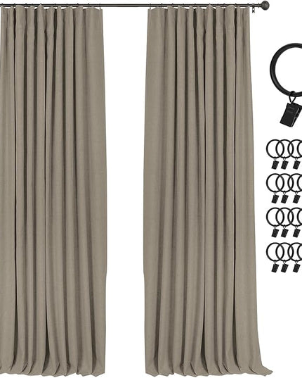 INOVADAY 100% Blackout Curtains for Bedroom, Black Out Curtains 96 Inch Long, Clip Rings Linen Blackout Drapes, Thermal Insulated Room Darkening for Living Room, 2 Panels - Fauxlinen,W50xL96