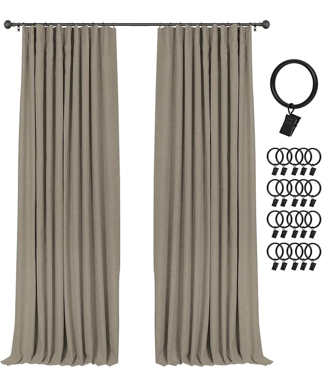 INOVADAY 100% Blackout Curtains for Bedroom, Black Out Curtains 96 Inch Long, Clip Rings Linen Blackout Drapes, Thermal Insulated Room Darkening for Living Room, 2 Panels - Fauxlinen,W50xL96
