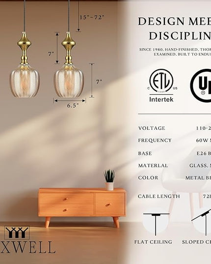 Modern Glass Pendant Light, 6.5"x14" Amber Sunset-Striped Hanging Fixture with Gold Cap, 15"-72" Adjustable Line, E26 Socket for Dining Room or Lounge – Sunset Gold Bordeaux