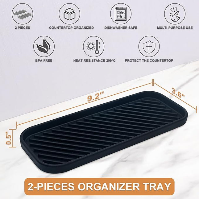 Silicone Organizer Tray, Soap and Sponge Holder for Kitchen Sink, Bathroom - Storage Tray for Dish Brush, Soap Dispenser, Dishwashing Accessories- 2 Pack (Black)